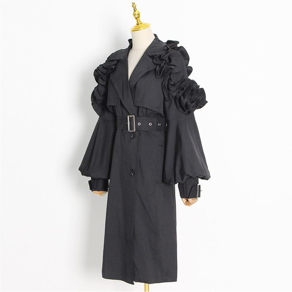 LAST ONE!! Ruffle Trim Statement Trench Coat Black - Picture 8 of 9